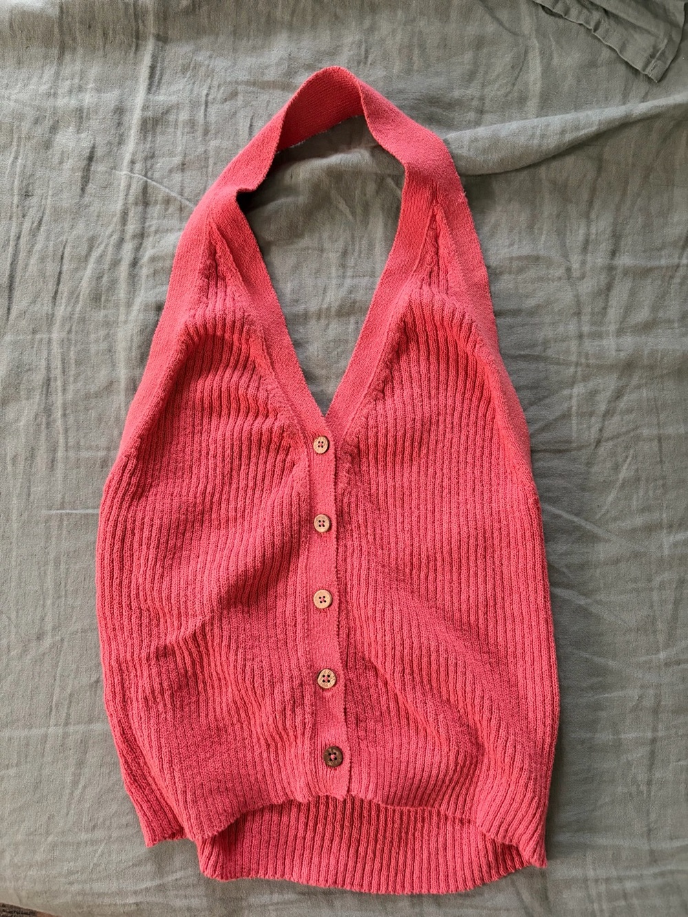 Free People Coral Ribbed V-Neck Halter Button Sweater Vest